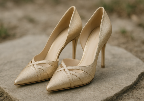chaussure dorée de mariée mariage