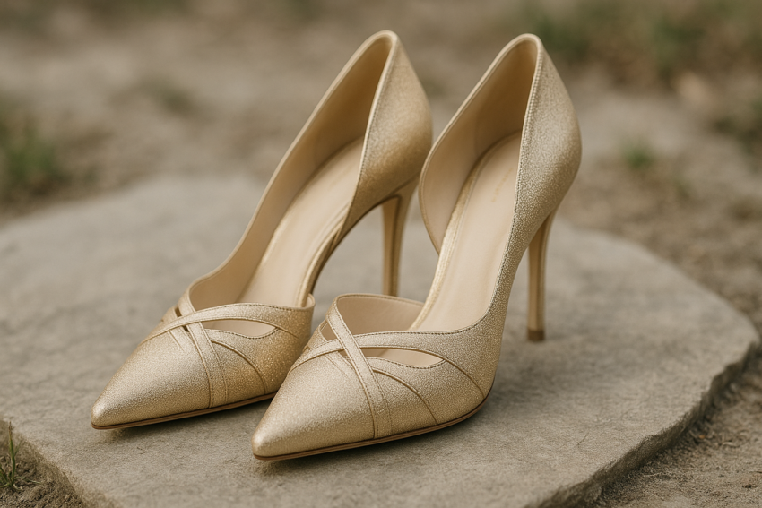 chaussure dorée de mariée mariage